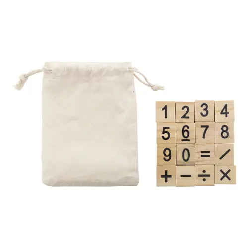Gioco per il calcolo matematico 32 tessere in legno di numeri e simboli contenute in sacchetto in cotone