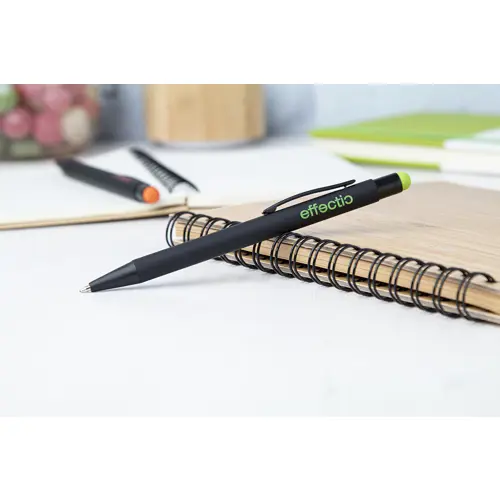 Penna a sfera in alluminio con finitura gommata per incisione laser con punta touch colorata e refill blu