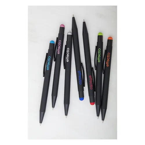 Penna a sfera in alluminio con finitura gommata per incisione laser con punta touch colorata e refill blu