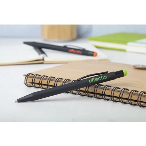 Penna a sfera in alluminio con finitura gommata per incisione laser con punta touch colorata e refill blu