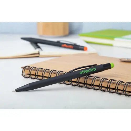 Penna a sfera in alluminio con finitura gommata per incisione laser con punta touch colorata e refill blu