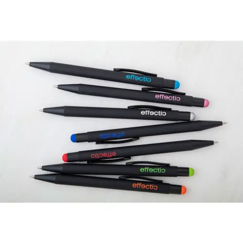 Penna a sfera in alluminio con finitura gommata per incisione laser con punta touch colorata e refill blu