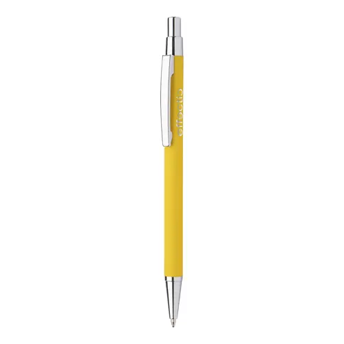 Penna a sfera in alluminio con finitura gommata per incisione a specchio e con meccanismo a scatto e refill blu