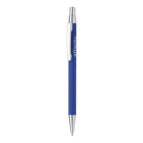 Penna a sfera in alluminio con finitura gommata per incisione a specchio e con meccanismo a scatto e refill blu