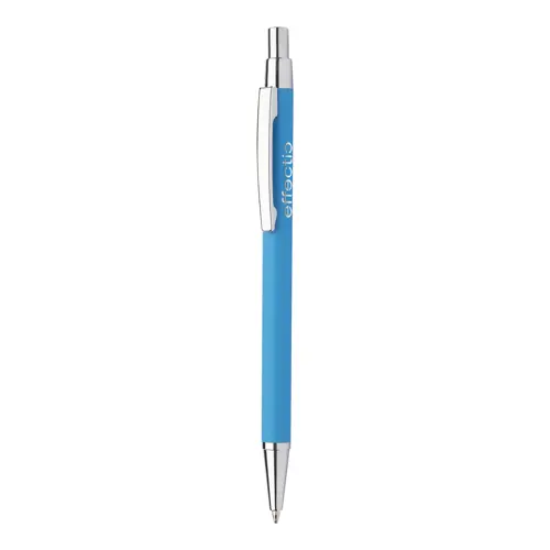 Penna a sfera in alluminio con finitura gommata per incisione a specchio e con meccanismo a scatto e refill blu