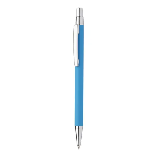Penna a sfera in alluminio con finitura gommata per incisione a specchio e con meccanismo a scatto e refill blu