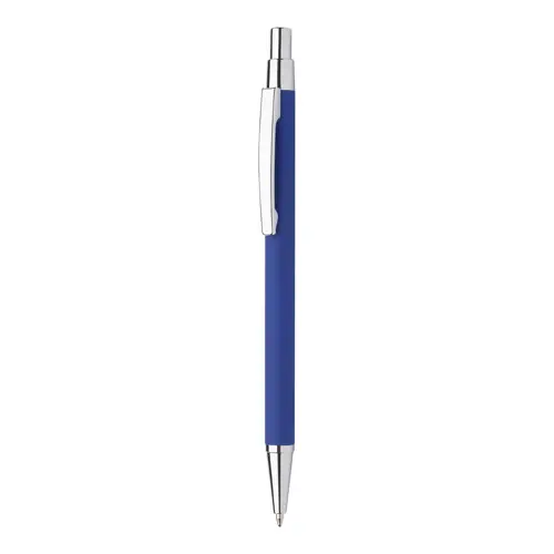 Penna a sfera in alluminio con finitura gommata per incisione a specchio e con meccanismo a scatto e refill blu