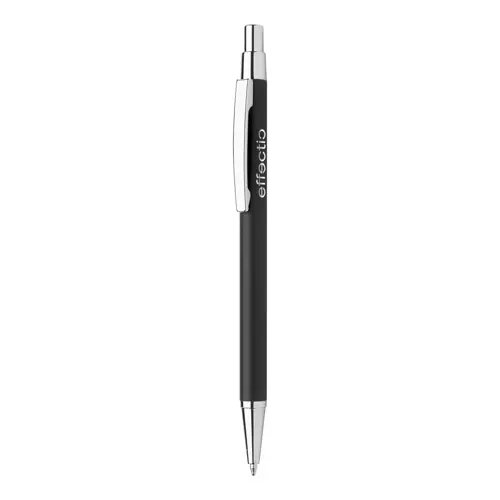 Penna a sfera in alluminio con finitura gommata per incisione a specchio e con meccanismo a scatto e refill blu
