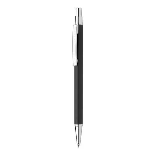 Penna a sfera in alluminio con finitura gommata per incisione a specchio e con meccanismo a scatto e refill blu