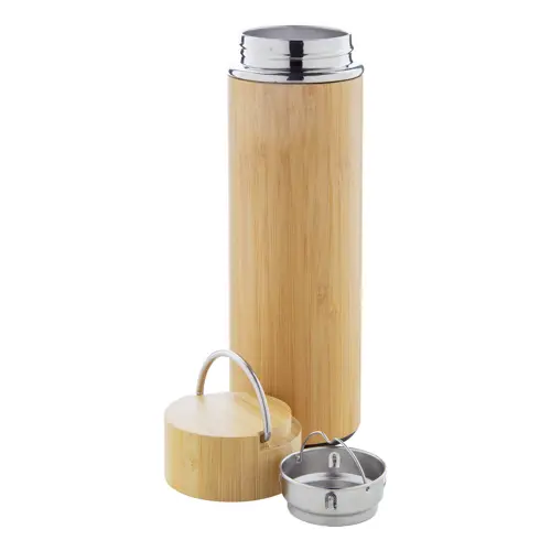 Thermos in acciaio inox doppia parete e bambù con infusore e coperchio 450ml