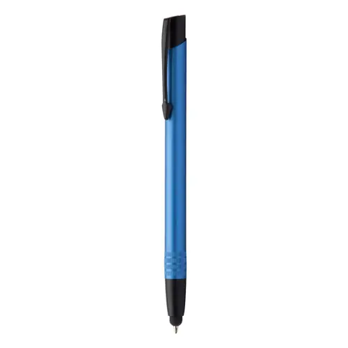 Penna a sfera in alluminio con fusto anodizzato e con punta touch e meccanismo a scatto a refill blu
