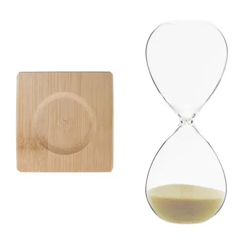Clessidra da 5 minuti con vetro borosilicato con base in bambù con confeziona in carta kraft