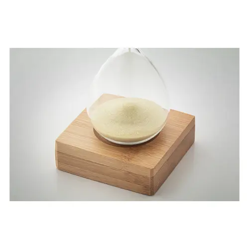 Clessidra da 5 minuti con vetro borosilicato con base in bambù con confeziona in carta kraft