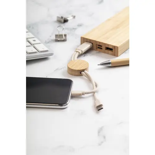 Portachiavi in bambù con cavi in plastica ecologica con multiprese USB e USB-C e micro USB e Lightning