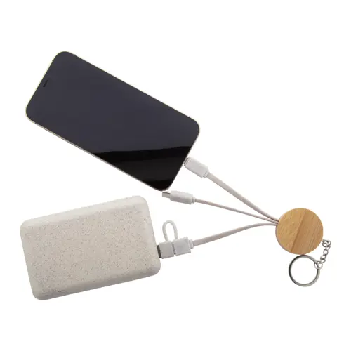 Portachiavi in bambù con cavi in plastica ecologica con multiprese USB e USB-C e micro USB e Lightning