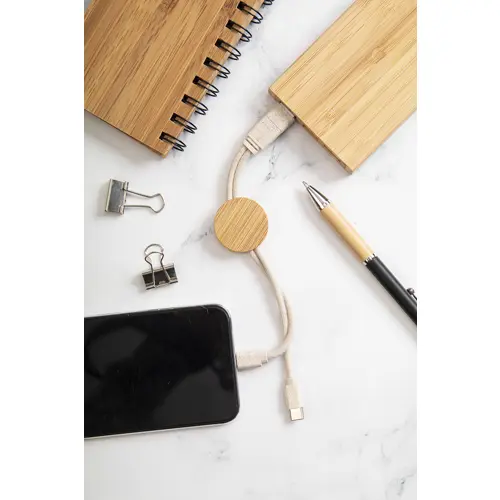 Portachiavi in bambù con cavi in plastica ecologica con multiprese USB e USB-C e micro USB e Lightning