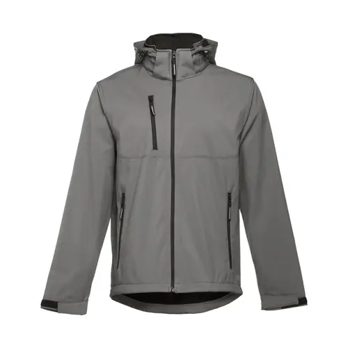 Giacca softshell da uomo colori assortiti con cappuccio rimovibile in poliestere e foderato in pile 280gr