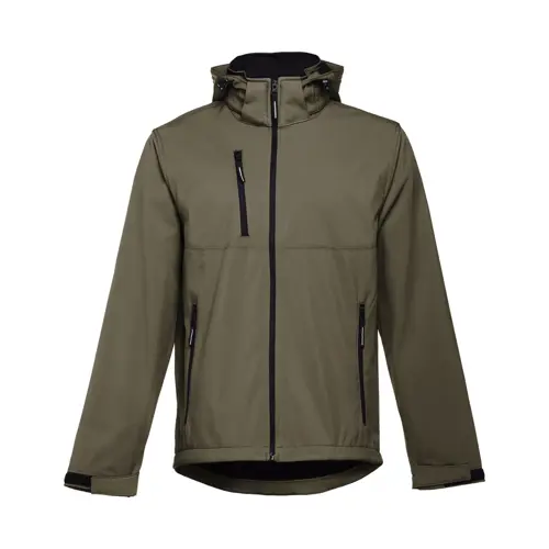Giacca softshell da uomo colori assortiti con cappuccio rimovibile in poliestere e foderato in pile 280gr