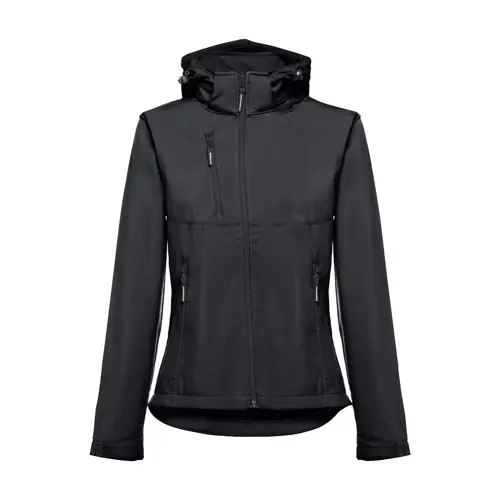 Giacca softshell da donna colori assortiti con cappuccio rimovibile in poliestere e foderato in pile 280gr