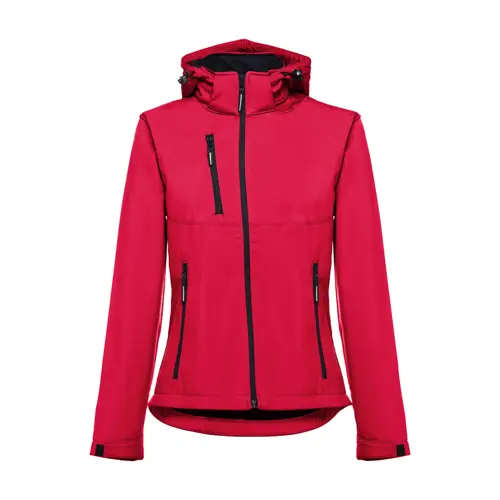 Giacca softshell da donna colori assortiti con cappuccio rimovibile in poliestere e foderato in pile 280gr