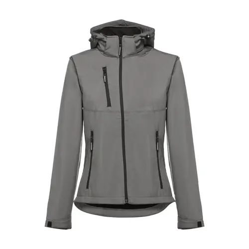 Giacca softshell da donna colori assortiti con cappuccio rimovibile in poliestere e foderato in pile 280gr