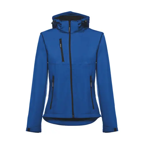 Giacca softshell da donna colori assortiti con cappuccio rimovibile in poliestere e foderato in pile 280gr