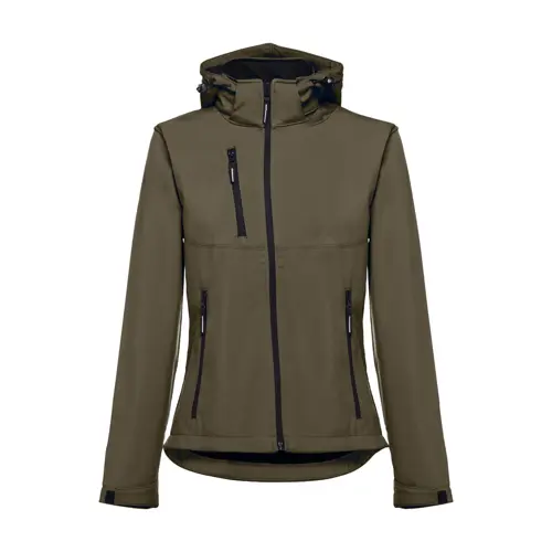 Giacca softshell da donna colori assortiti con cappuccio rimovibile in poliestere e foderato in pile 280gr