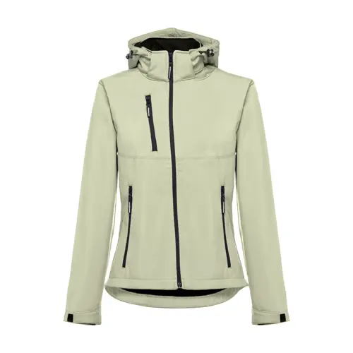 Giacca softshell da donna colori assortiti con cappuccio rimovibile in poliestere e foderato in pile 280gr