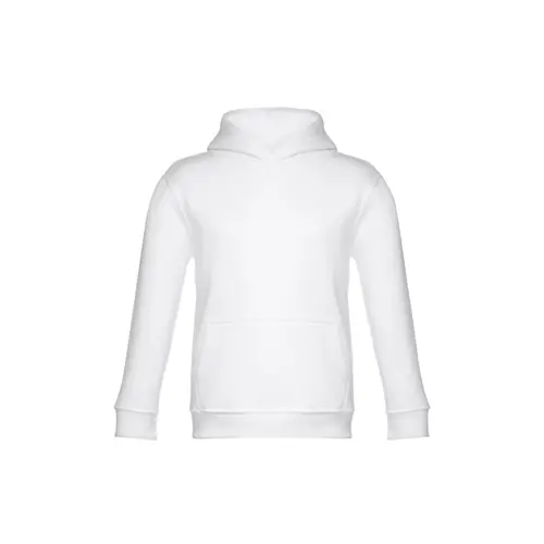 Felpa da bambino unisex bianca con cappuccio e tasca a marsupio in cotone e poliestere 320gr