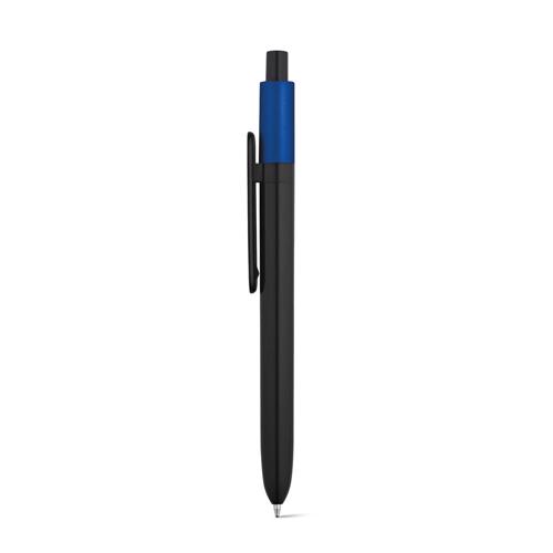 Penna a sfera in ABS con finitura lucida e parte superiore laccata in metallo con meccanismo a scatto e refill blu
