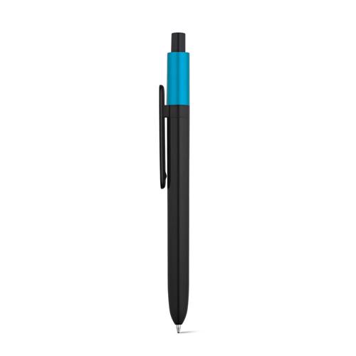 Penna a sfera in ABS con finitura lucida e parte superiore laccata in metallo con meccanismo a scatto e refill blu