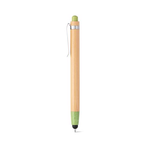 Penna a sfera in bambù con clip in metallo e e dettagli colorati con meccanismo a scatto e punta touch e refill blu