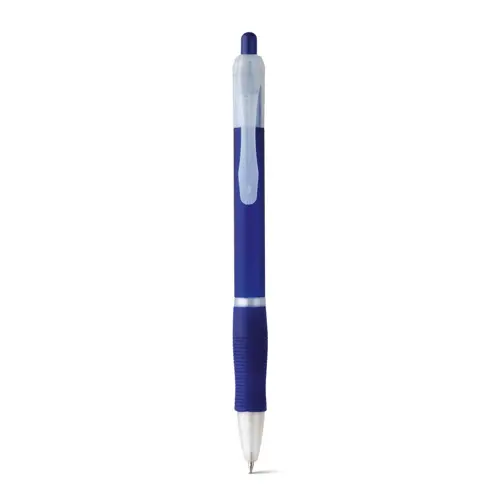 Penna a sfera in plastica disponibile in vari colori con impugnatura antiscivolo e meccanismo a scatto e refill nero
