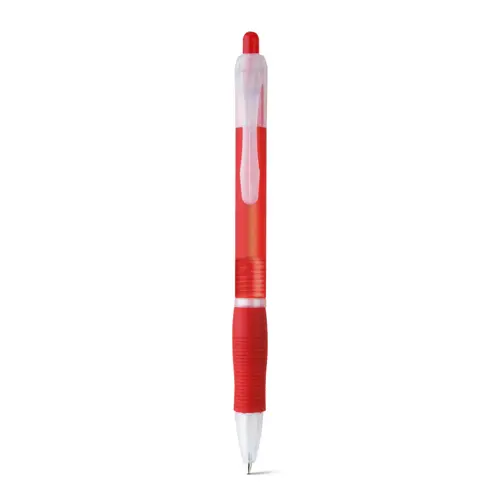 Penna a sfera in plastica disponibile in vari colori con impugnatura antiscivolo e meccanismo a scatto e refill nero