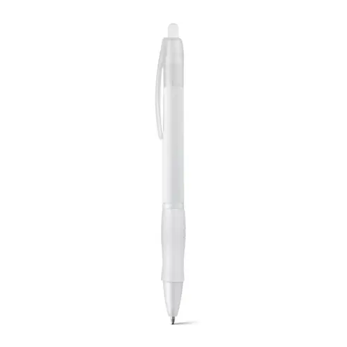Penna a sfera in plastica disponibile in vari colori con impugnatura antiscivolo e meccanismo a scatto e refill nero