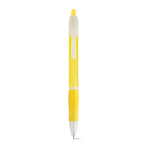 Penna a sfera in plastica disponibile in vari colori con impugnatura antiscivolo e meccanismo a scatto e refill nero