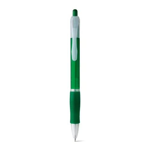 Penna a sfera in plastica disponibile in vari colori con impugnatura antiscivolo e meccanismo a scatto e refill nero