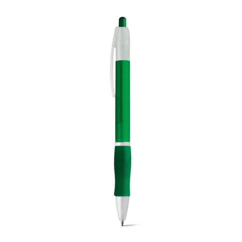 Penna a sfera in plastica disponibile in vari colori con impugnatura antiscivolo e meccanismo a scatto e refill nero