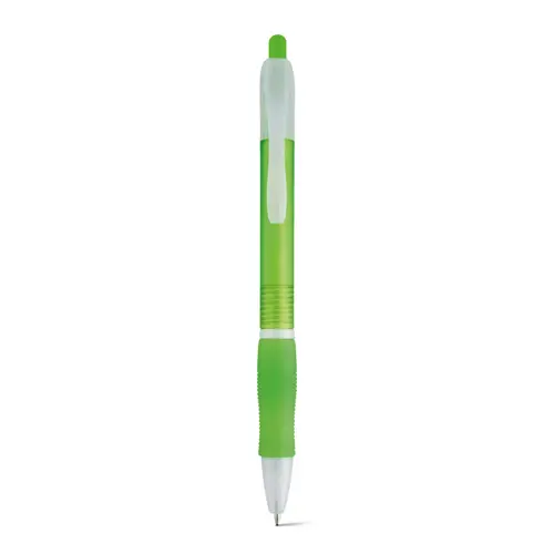 Penna a sfera in plastica disponibile in vari colori con impugnatura antiscivolo e meccanismo a scatto e refill nero
