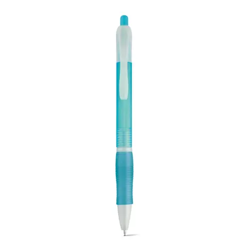 Penna a sfera in plastica disponibile in vari colori con impugnatura antiscivolo e meccanismo a scatto e refill nero