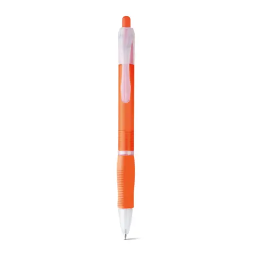 Penna a sfera in plastica disponibile in vari colori con impugnatura antiscivolo e meccanismo a scatto e refill nero