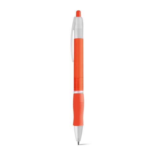 Penna a sfera in plastica disponibile in vari colori con impugnatura antiscivolo e meccanismo a scatto e refill nero