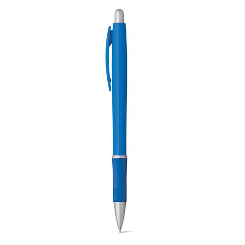 Penna a sfera in plastica disponible in vari colori con impugnatura antiscivolo gommata con meccanismo a scatto e refill blu