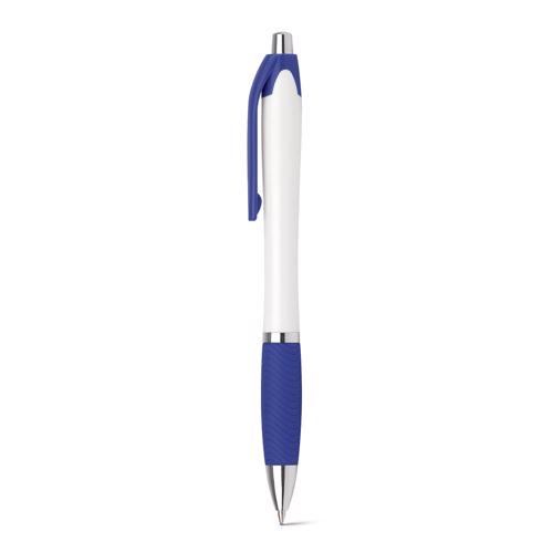 Penna a sfera in plastica con finitura antiscivolo colorata in coordinato con la clip e con meccanismo a scatto e refill blu