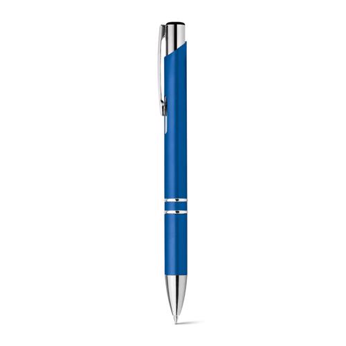 Penna a sfera in plastica colorata e clip in metallo con meccanismo a scatto e refill blu