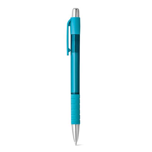 Penna a sfera plastica trasparente e finitura antiscivolo con meccanismo a scatto e refill blu