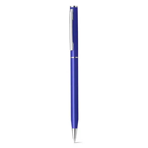 Penna a sfera in metallo in colori assortiti con meccanismo a rotazione e refill blu