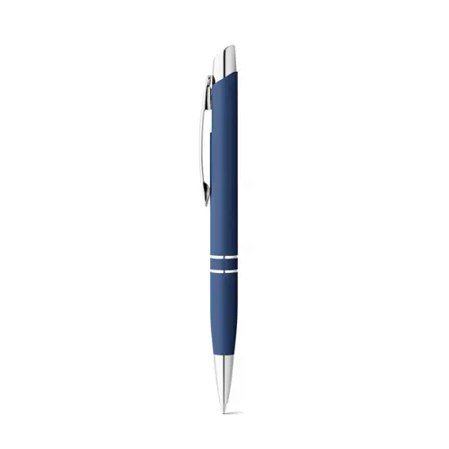 Penna a sfera in alluminio con revistimento in gomma colorata e meccanismo a scatto e refill blu