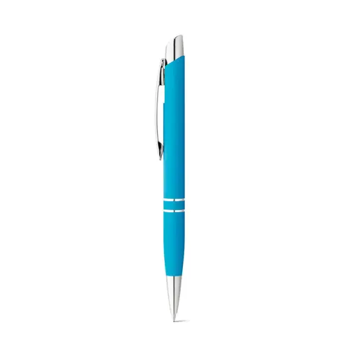 Penna a sfera in alluminio con revistimento in gomma colorata e meccanismo a scatto e refill blu