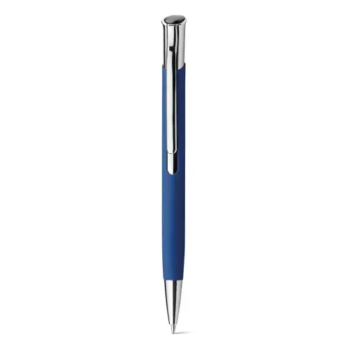 Penna a sfera in alluminio e finitura gommata in colori assortiti con meccanismo a scatto e refill blu